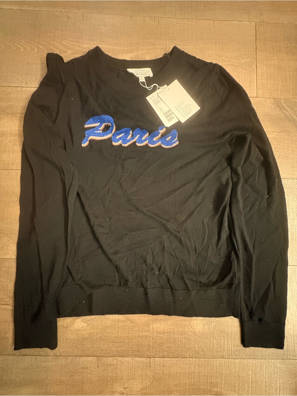 & Other Stories Black Crewneck Sweater with Blue 'Paris' Script